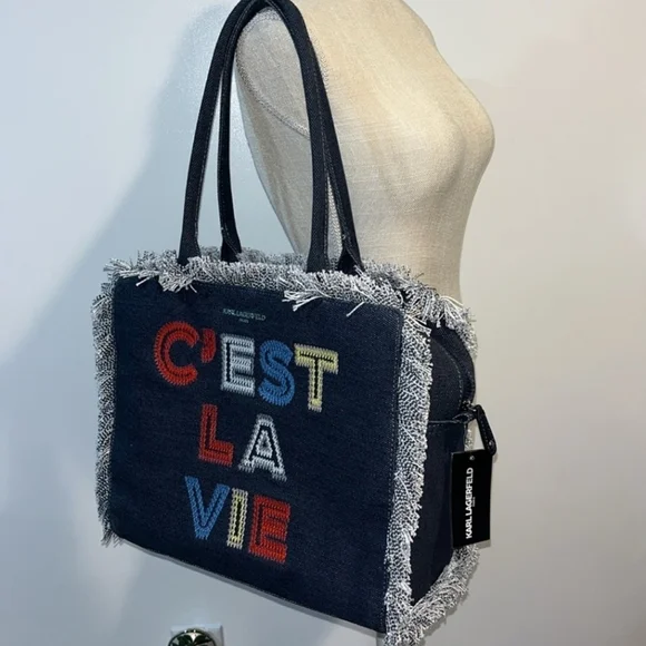 Karl lagerfeld margotzip canvas denim fringe tote